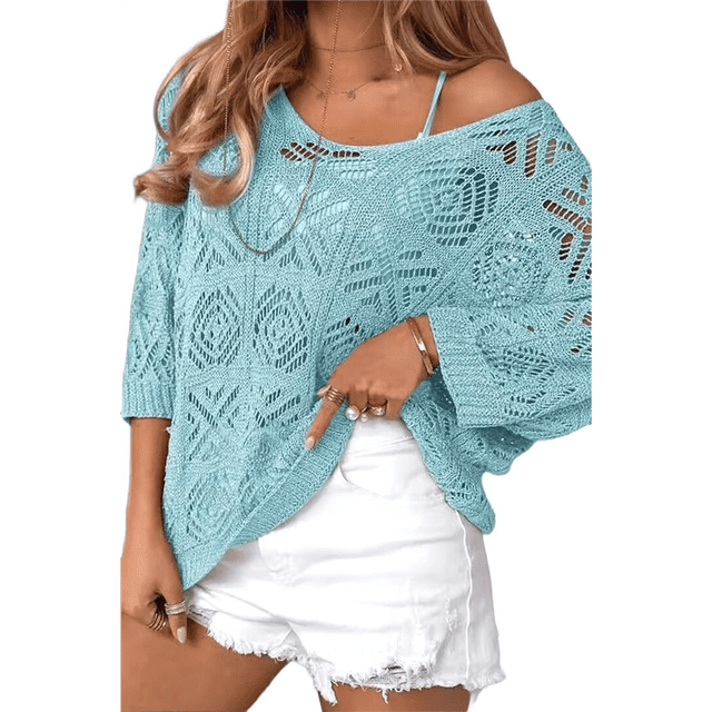 Suéter de Crochet Calado para Mujer, 3/4, Hombros Descubiertos, Verano 2025 Azul XL