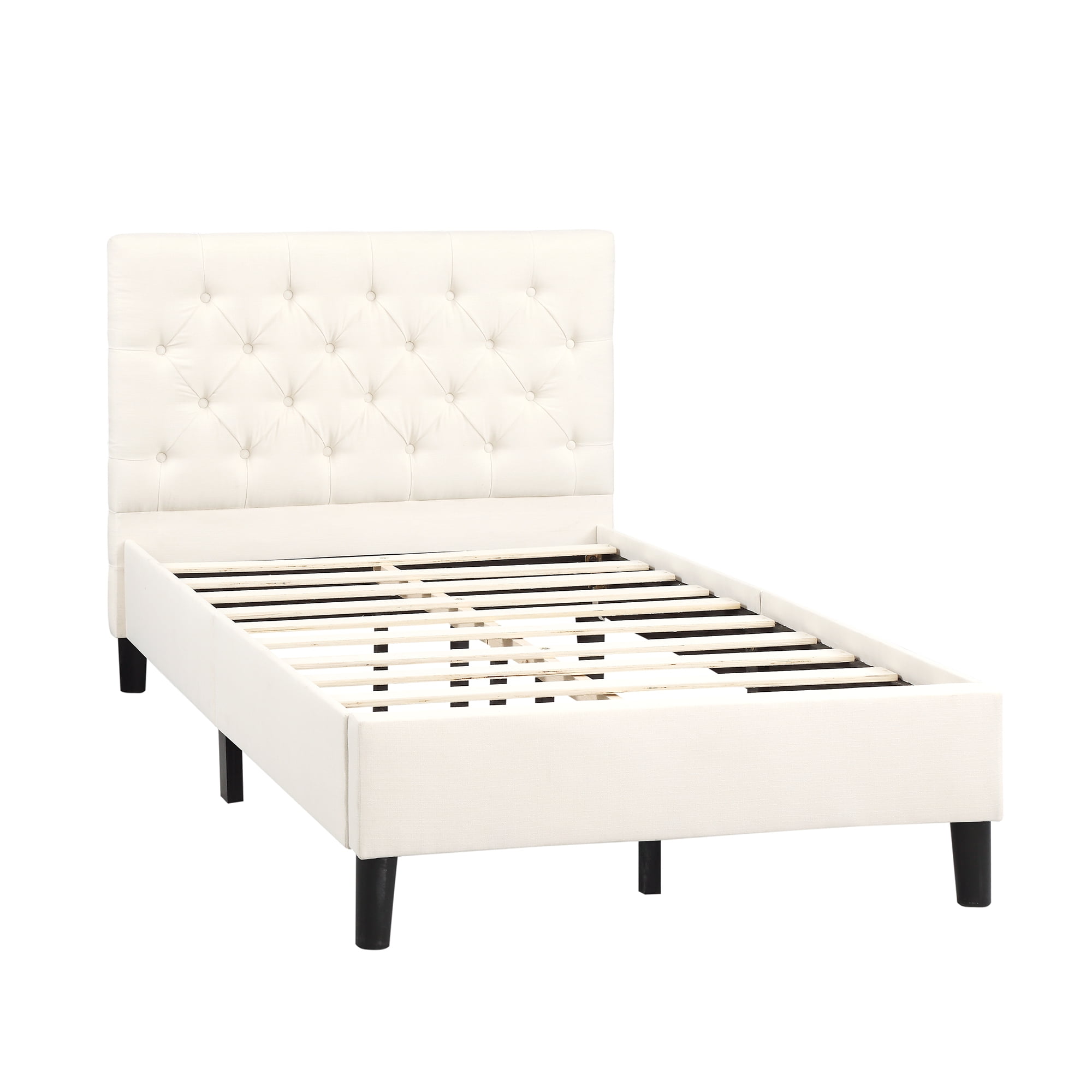 Kepooman Twin Size Modern Upholstered Linen Platform Bed with Headboard, 83.6" x 42.13" x 40.16", Beige Kepooman Twin Size Modern Upholstered Linen Platform Bed with Headboard, 83.6" x 42.13" x 40.16", Beige