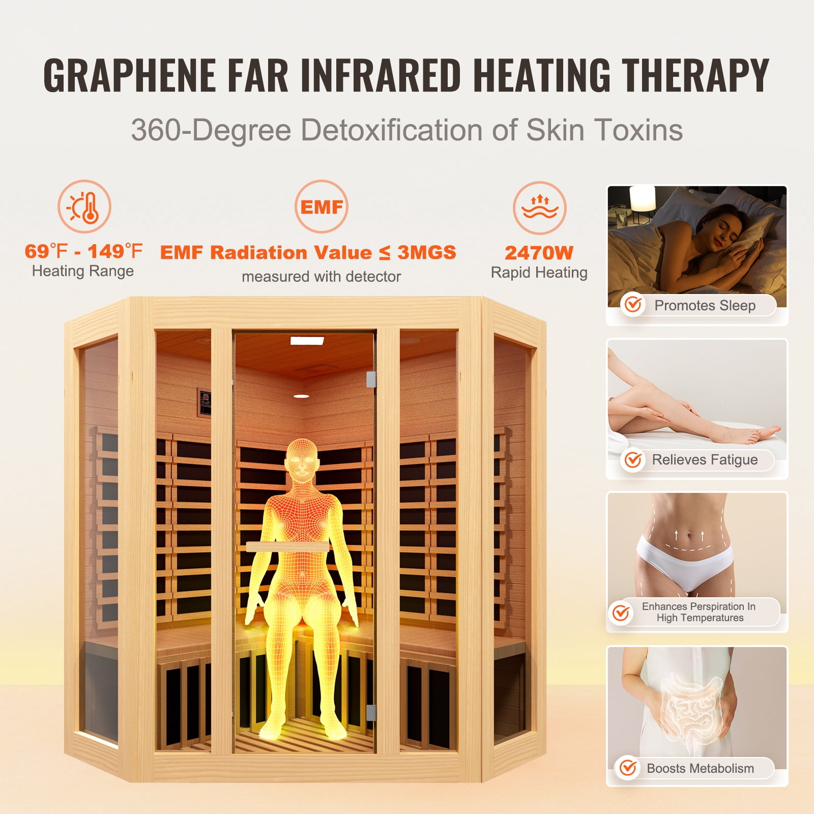 KFFKFF Infrared Sauna for Home, Accommodates 3-4 People, Crafted from Hemlock Wood with Low EMF, Features Tempered Glass Door, Bluetooth Speakers & Color Therapy Lighting, 2470W for Indoor Use