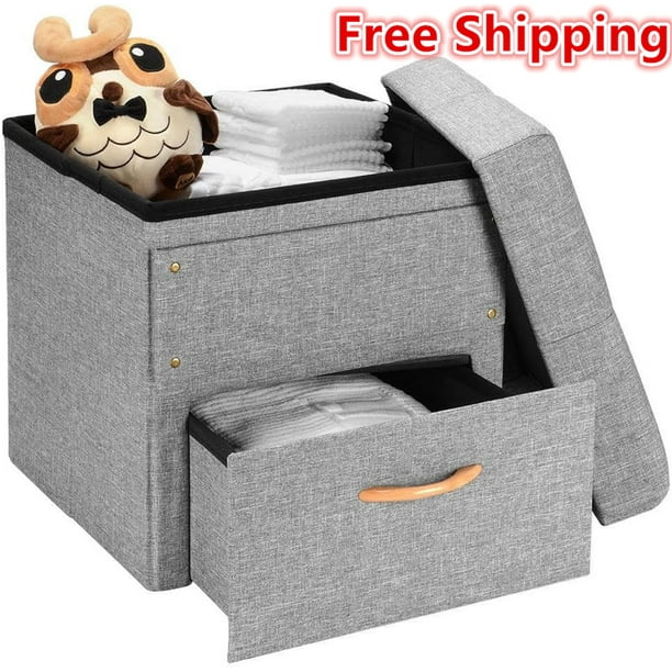 17 Inches Folding Storage Ottoman with One Drawer Storage Chest