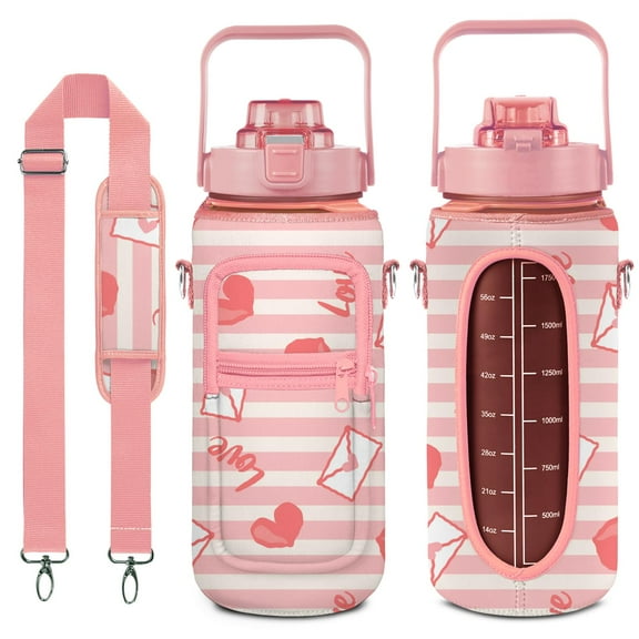 Valentine's Day 64 Oz Half Gallon Water Bottle with Sleeve - BPA Free Leakproof Sport Large Plastic Water Bottle with Straw & Time Marker & Insulated Neoprene Holder Carrier Bag Gift for Women