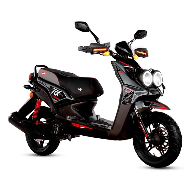 motocicleta automática mb motos rx 175cc rojo 2026 3/4 frontal de la MB MOTOS RX 175cc en rojo; doble faro circular, carenado negro con acentos rojos, asiento acolchado largo, suspensión trasera roja, llantas de aleación y frenos de disco ventilado. Transmisión automática por banda con arranque eléctrico y de patada visibles; fondo blanco. Apta para trayectos urbanos y mensajería ligera.