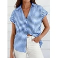 thumbnail image 4 of PRETTYGARDEN Womens Button Down Shirts V Neck Short Cap Sleeve Collared Plaid Tops Summer Spring Casual Blouses Clothes, 4 of 8