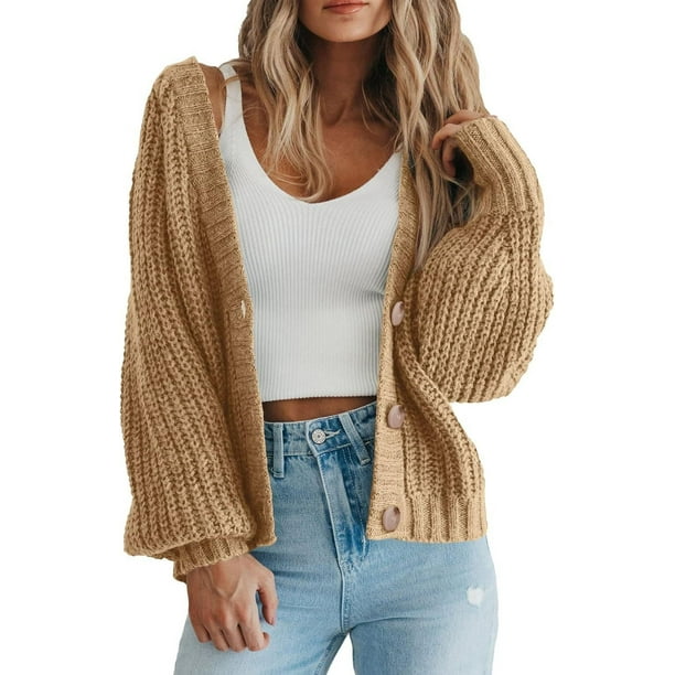 Suéter tipo cárdigan de punto grueso de moda de otoño e invierno para mujer, chaqueta tipo cárdigan corta holgada con botones y manga larga
