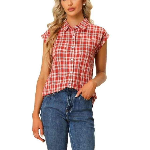 INSPIRE CHIC Chemise à Carreaux d'Été pour Femme à Manches Courtes Boutonnée Rouge G