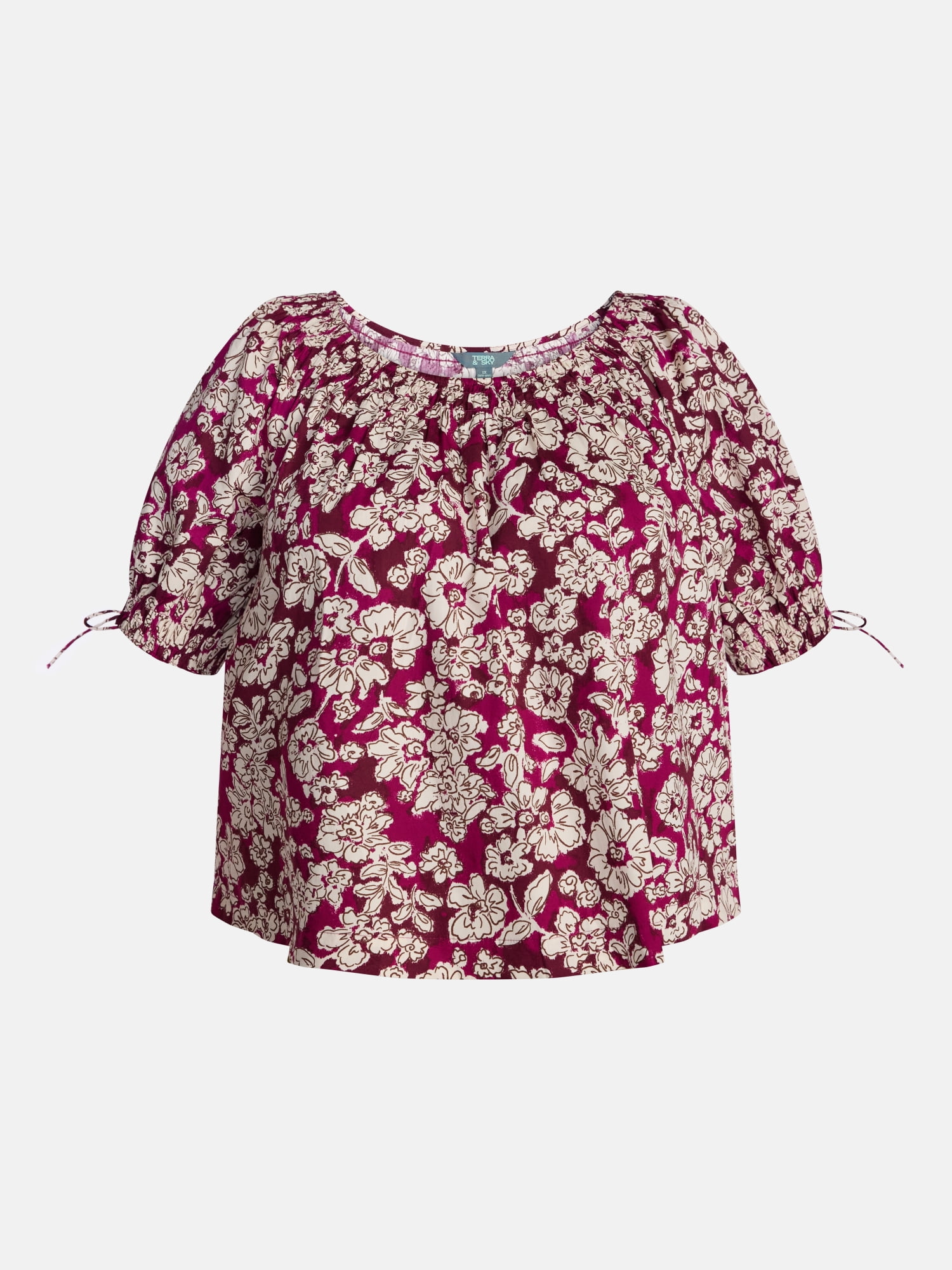 Terra & Sky Women's Plus Scoop Neck Top with Short Tie Puff Sleeves, Sizes 0X-5X