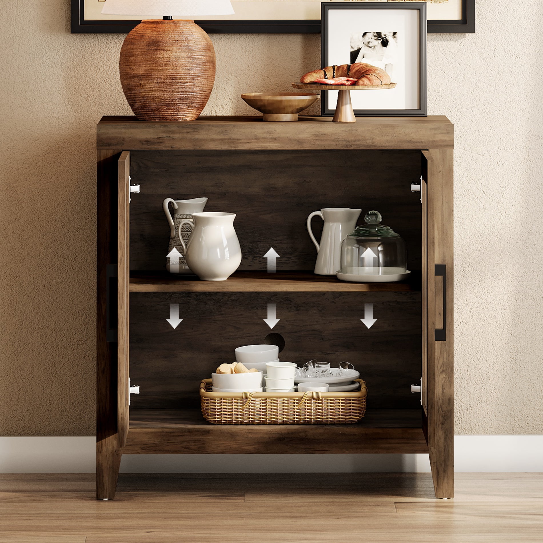 WAMPAT Modern Farmhouse TV Stand up to 100"TV, Entertainment Center with Tempered Glass Doors & Adjustable Shelves, Brown
