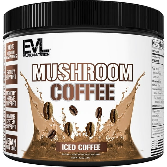 Evlution Nutrition Mushroom Coffee - Energy, Nerve, & Immune System Support - 100% Organic Reishi, Shiitake, Lions Mane & Turkey Tail Mushroom Powders - Vegan & Non-GMO - 20 Servings - Iced Coffee