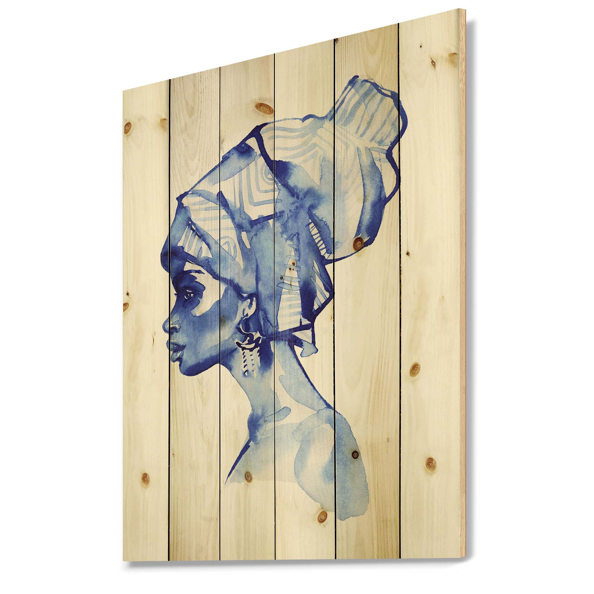 Designart 'Afro American Woman Blue Fashion Portrait' Modern Print on Natural Pine Wood