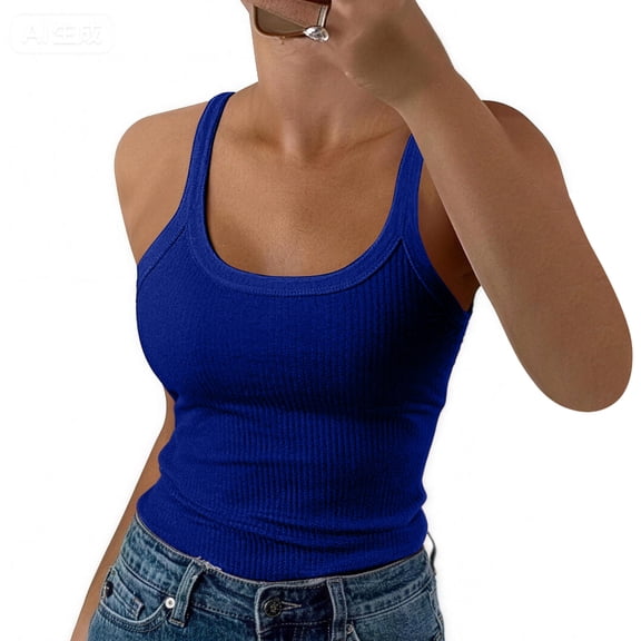 Womens Tank Tops Scoop Neck Sleeveless Ribbed Knit Basic Tees Slim Fitted Summer Casual Cami Shirts,Royal Blue,S