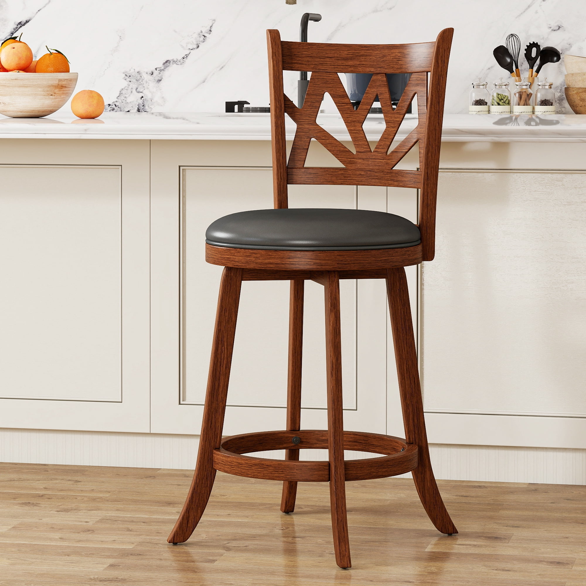 Joywind Farmhouse Swivel Bar Stools Set of 2, 24" Carved Lotus Barstools, Faux Leather Upholstered Counter Chairs with Solid Footrest & Wood Legs, Rustic Brown