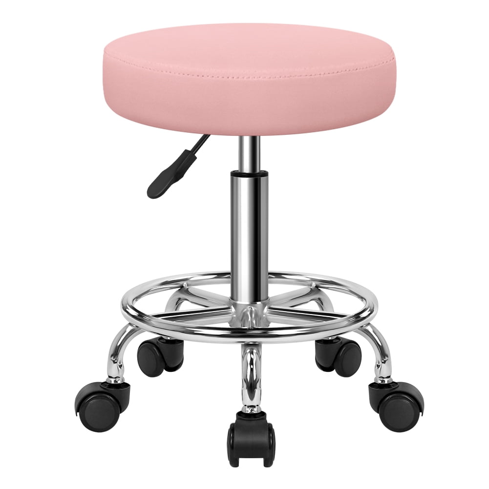 KKTONER Pink PU Leather Round Roller Stool with Footrest, Rotatable, Height Adjustable, Spa, Hair Salon, Tattoo Studio, Office Massage Stool, Work Chair