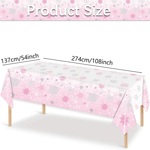 LanSuare Winter Snowflake Christmas Tablecloth, 54x108Inch Disposable Plastic Rectangle Waterproof Table Cover, for Dining Table, Christmas Party Decoration Supplies, Light-pink