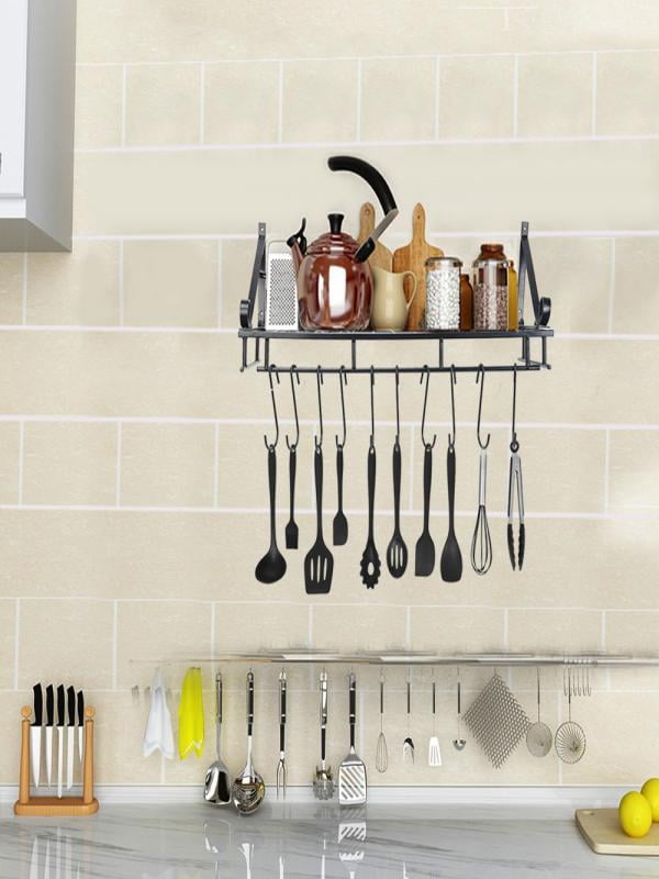 Kitchen Shelf Folding Kitchen Wall Hanging Pot Rack With 10 Hooks Black ...