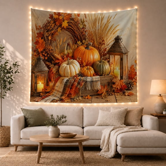 Lit Candle Autumnal with Harvest Arranged Wooden, Cozy Farmhouse for Farmhouse Decor Lovers, Aesthetic Wall Decor, Halloween Gift, Tapestry Wall Hanging for Dorm and Living Room