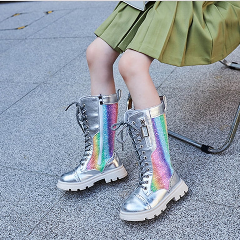 Spazoro Girls Knee High Boots, Lace Up Rainbow Glitter Side Zipper