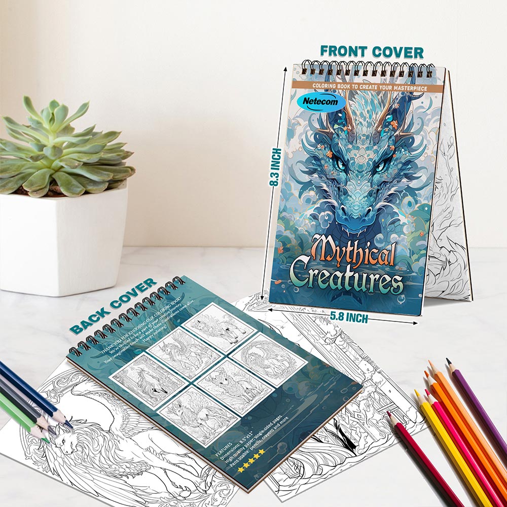 Mythical Creatures Coloring Book Spiral Bound For Adults, A5 Wooden Cover, 30 Beautiful Coloring Pages of Enchanted Worlds for Stress Relief and Relaxation