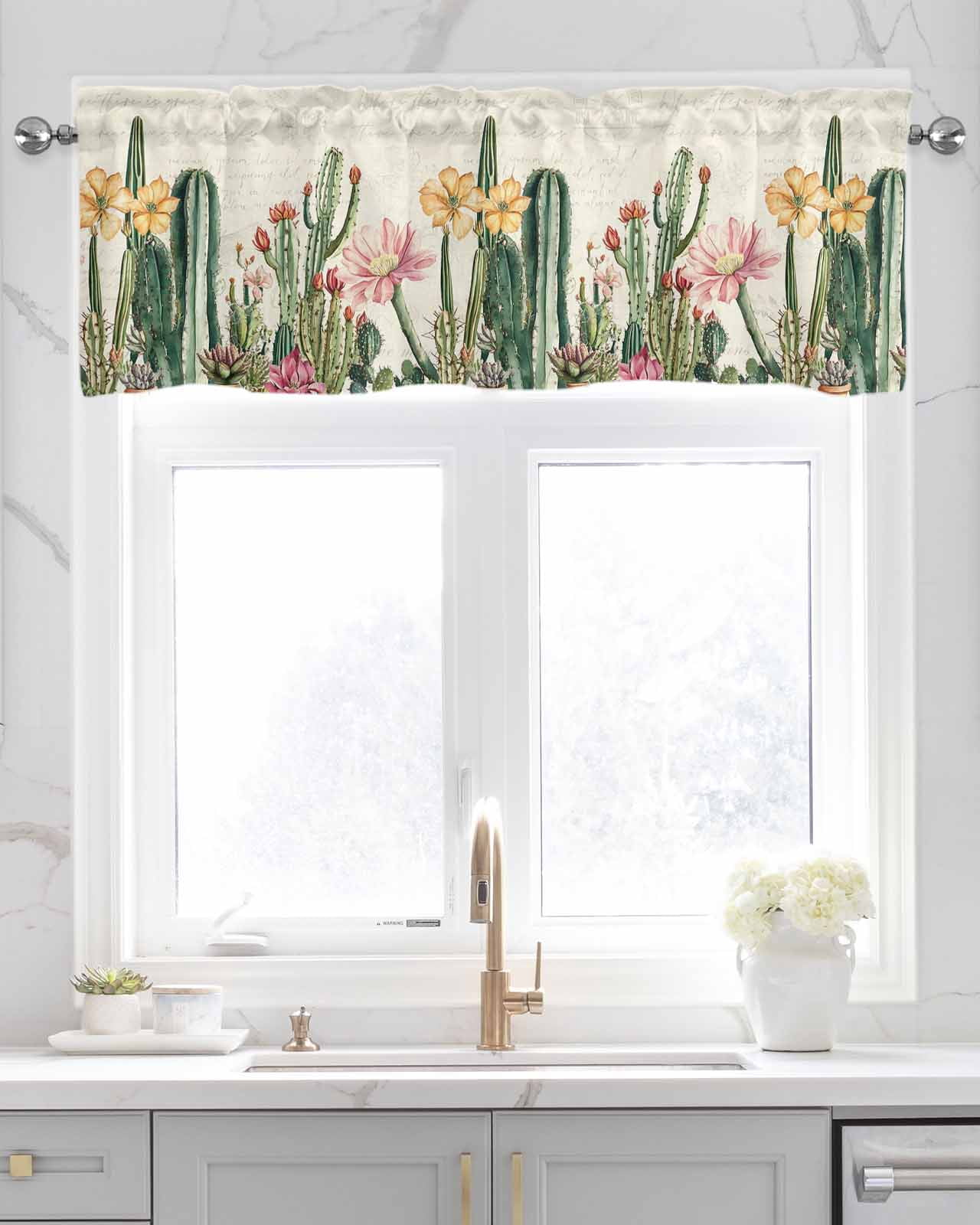Vintage Green Cactus Kitchen Valances for Windows Farmhouse Linen Window Valance Curtain for Living Room Window Treatment Spring Floral Watercolor Botanical Valance Rod Pocket Topper, 54 x 18 Inch