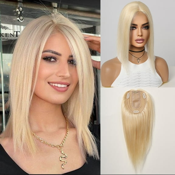 Honey Blonde Human Hair Toppers with Bangs Clips in Siik Base Hairpieces for Women Straight 12inches Human Hair Extensions