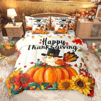 Manfei Cute Cartoon Turkey 7 Pieces Bedding Comforter Set,Happy Thanksgiving Full Bedding Set,Rustic Pumpkin Maples Fitted Sheet Flat Sheet For Kids,Super Cozy Room Decor Reversible