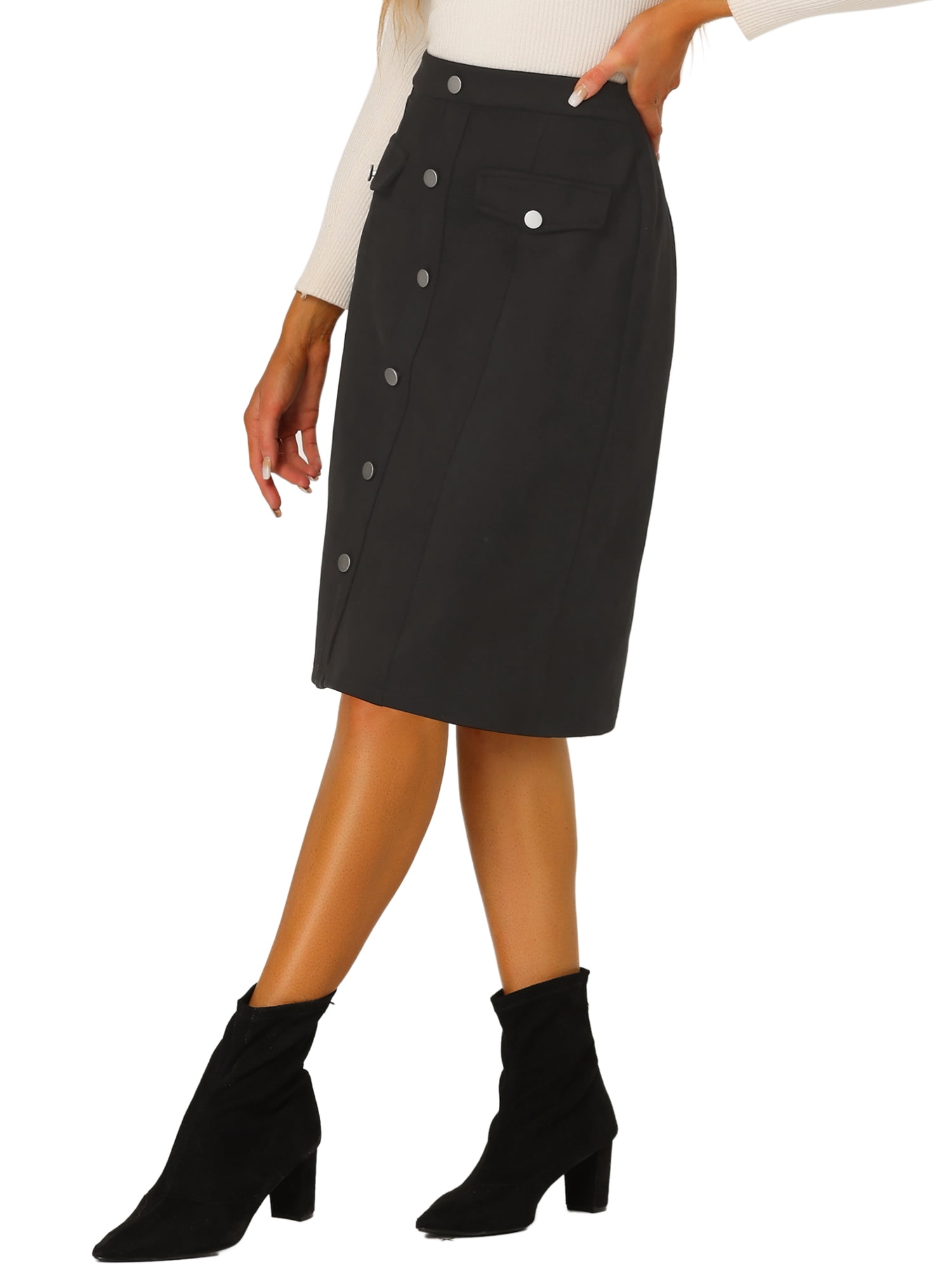 Unique Bargains Women's Suede Button Front Pockets Decor A-Line Skirts M Black