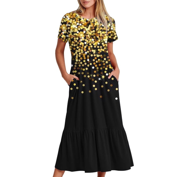 Vestido de Manga Corta para Mujeres Vestido de Verano de Cuello Redondo Impreso, Poliéster de Tamaño Verdadero Diario Y Vestido de Fiesta