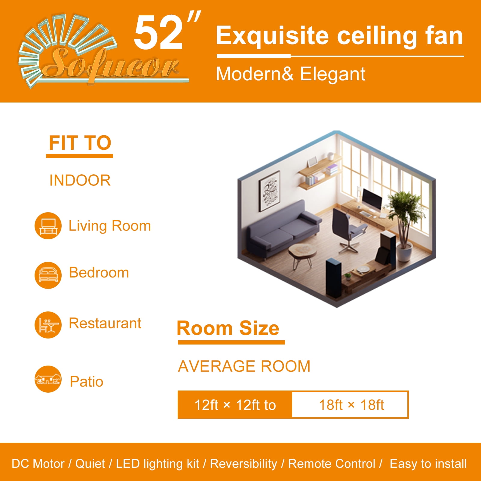 Sofucor 52" Flush Mount Bronze Modern Ceiling Fan with Integrated LED Light