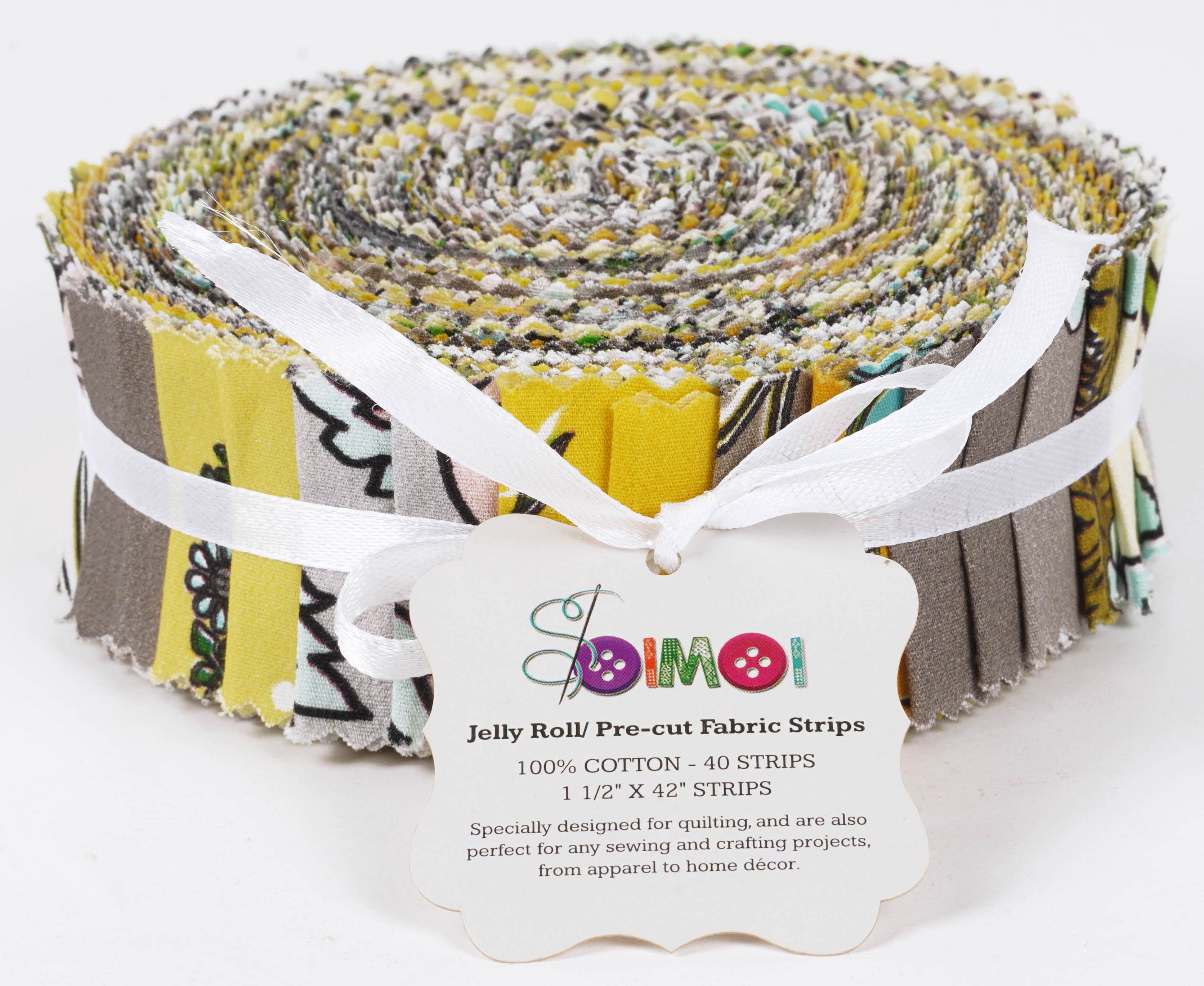 Soimoi 40Pcs Block Print Precut Fabrics Strips Roll Up 1.5x42inches Cotton Jelly Rolls For Quilting - Yellow