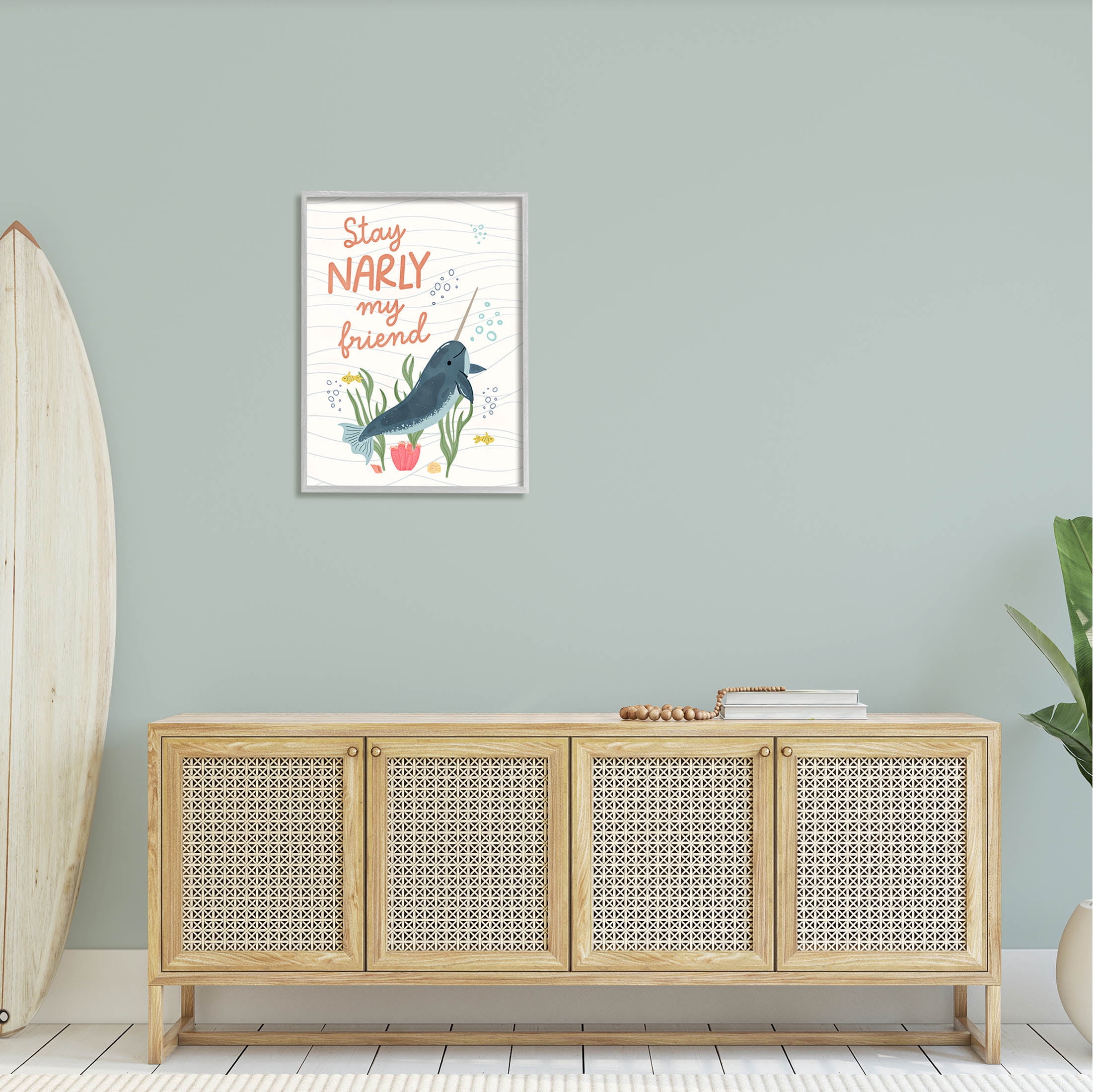 Stupell Industries Stay Narly My Friend Narwhal Graphic Art Gray Framed Art Print Wall Art, Design by Nina Blue
