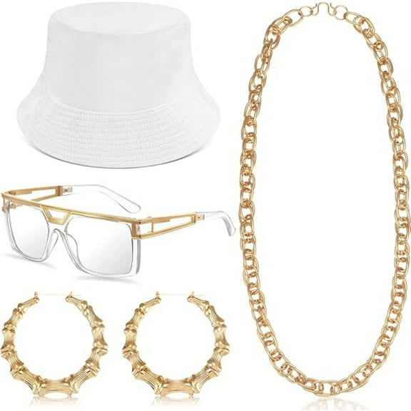 Retro 4-in-1 Rapper Starter Kit, Shiny Gold Chain & Hoop Earrings & Glasses, 80s 90s Themed Party Accessories for Women Men