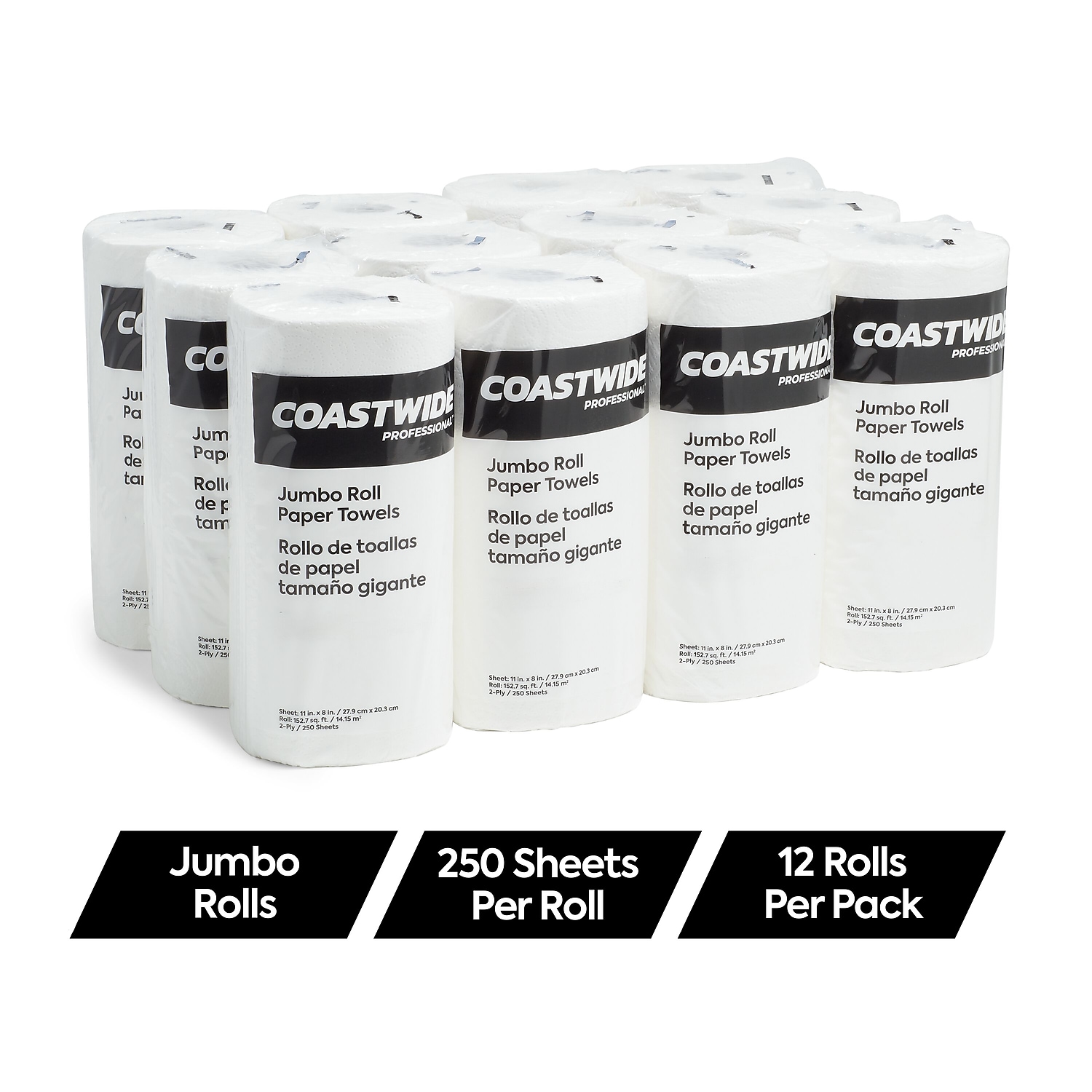 Staples Coastwide Professional Jumbo Kitchen Rolls Paper Towel 2-Ply White 250 Sheets/Roll 12