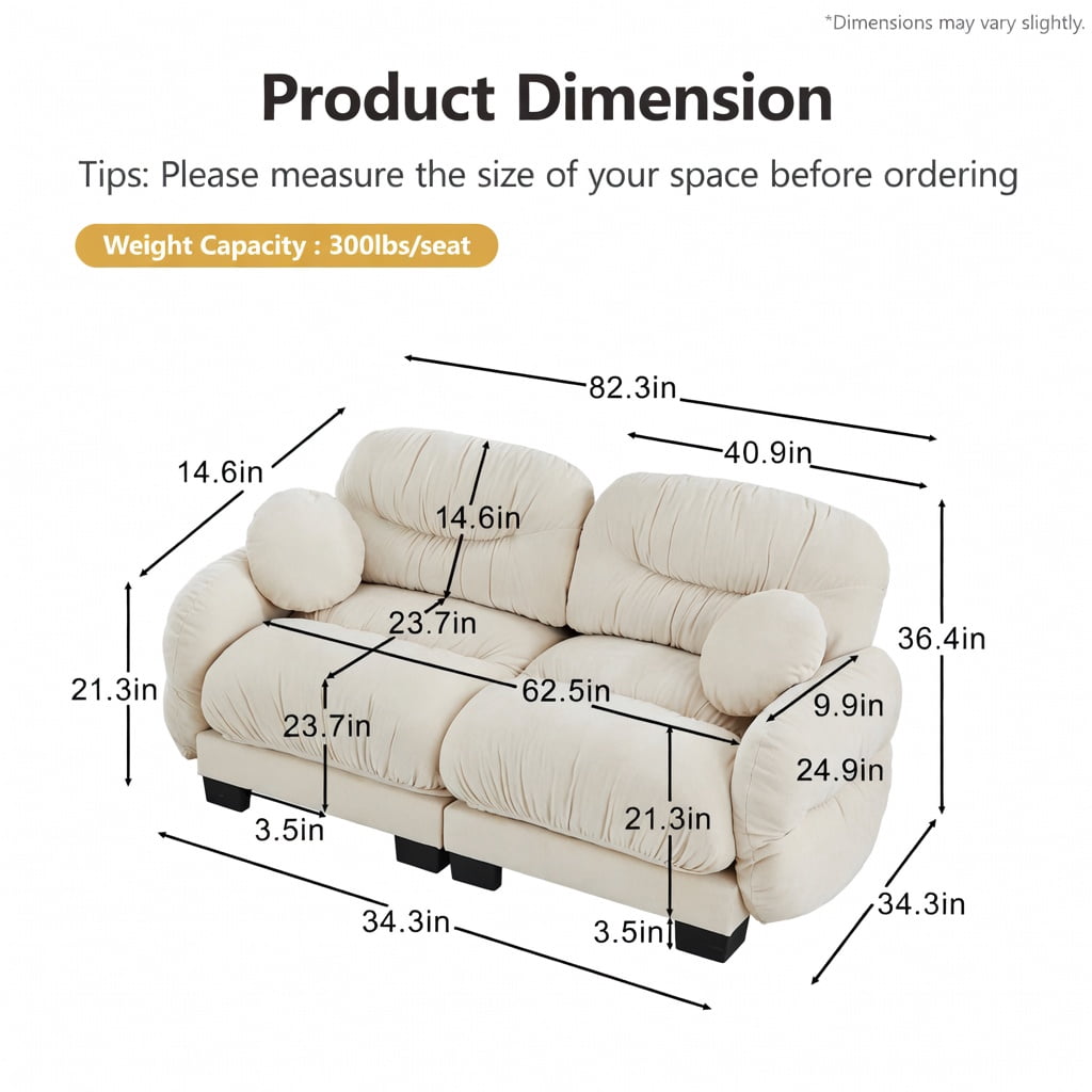 Hommoo Chenille 2-Seater Modular Sofa with Pleated Back, Ergonomic High-Density Foam Cushions, Curved Armrests & 2 Round Throw Pillows, Beige