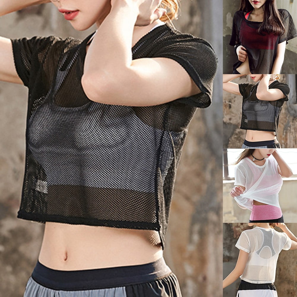 black mesh crop top short sleeve