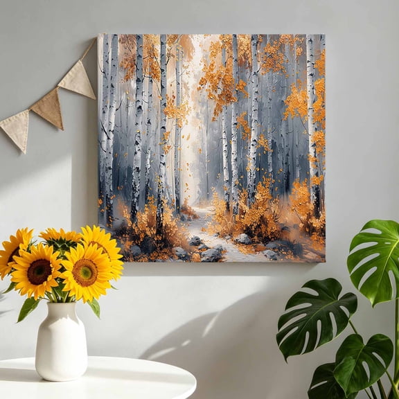 Canvas Wall Art Landscape Nature Canvas Art Print Tree Forest Leaves Yellow Fall Pictures Wall Decor for Living Room Bedroom Artwork Decorations Stretched Framed Ready to Hang 8"x8"