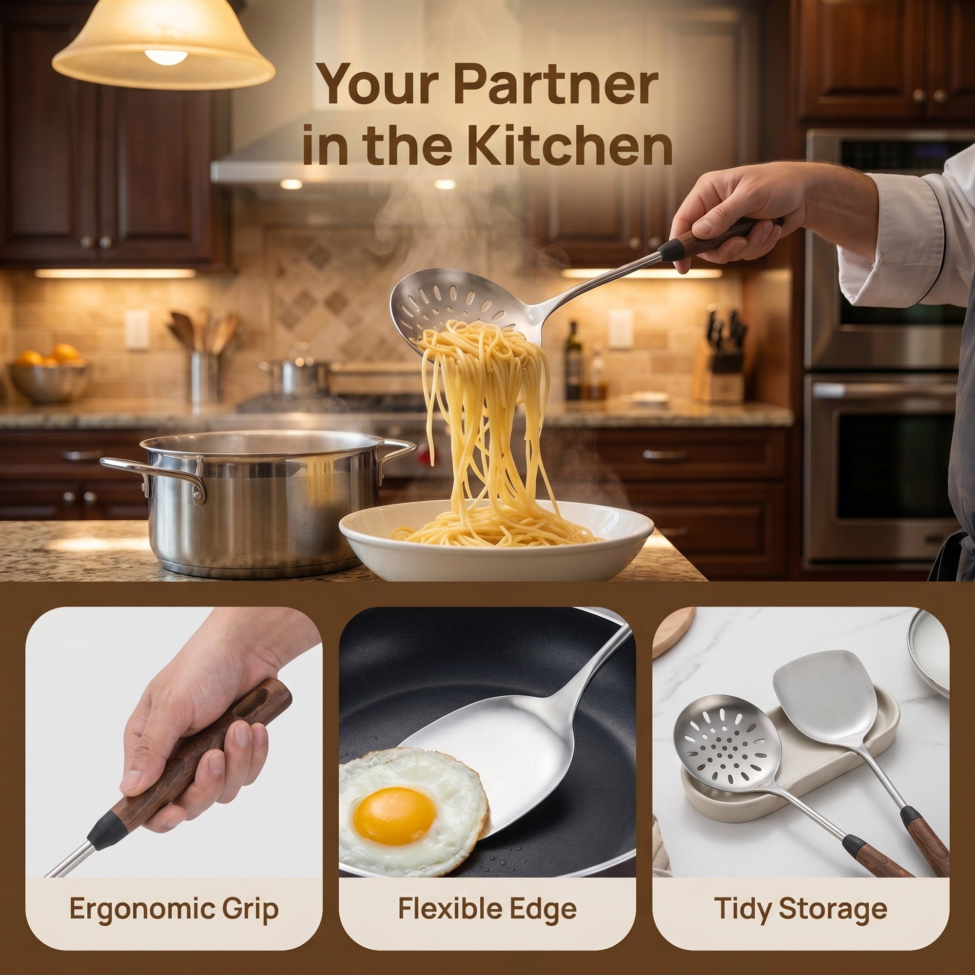 Unique Bargains Color-blocked Kitchen Utensil Set with Silicone Dark Brown B 2pcs