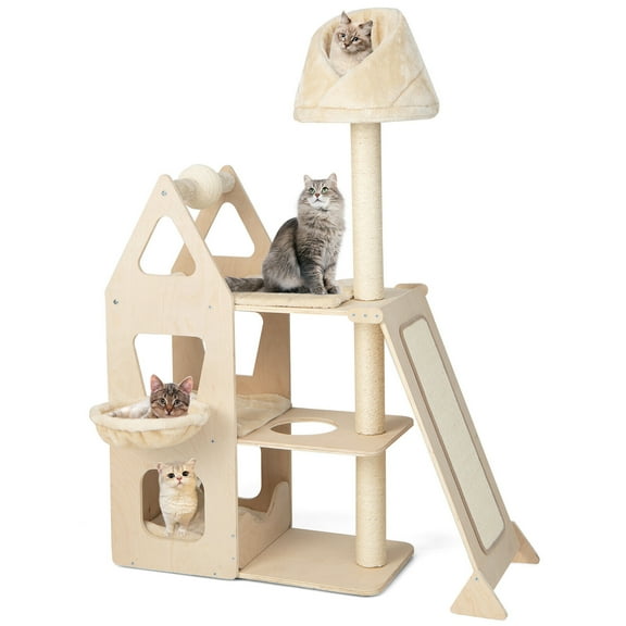 Gymax 52'' Tall Cat Tree w/ Scratching Post Ball & Board Plush Condo Padded Perch