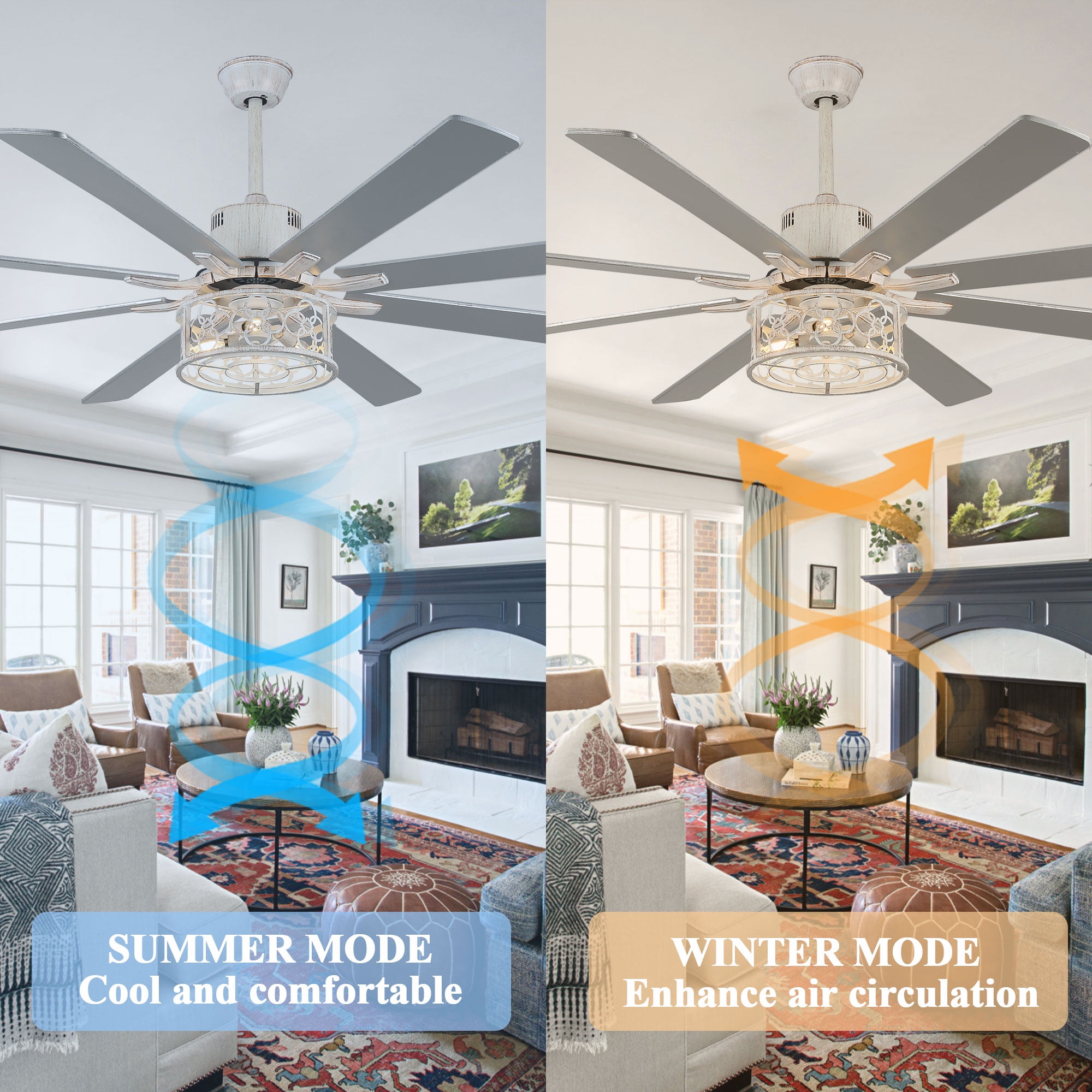 Cusp Barn 72 Inch Industrial Distressed White Finish Ceiling Fan with Remote and Lights, 8 Wooden Blades Indoor Ceiling Fan, DC Motor 6 Speeds Reversible, for Office and Large Indoor Room