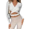 thumbnail image 3 of Seyurigaoka Women's Cross Wrap Crop Tops Ruched Long Sleeve Cut Out T-Shirts, 3 of 6