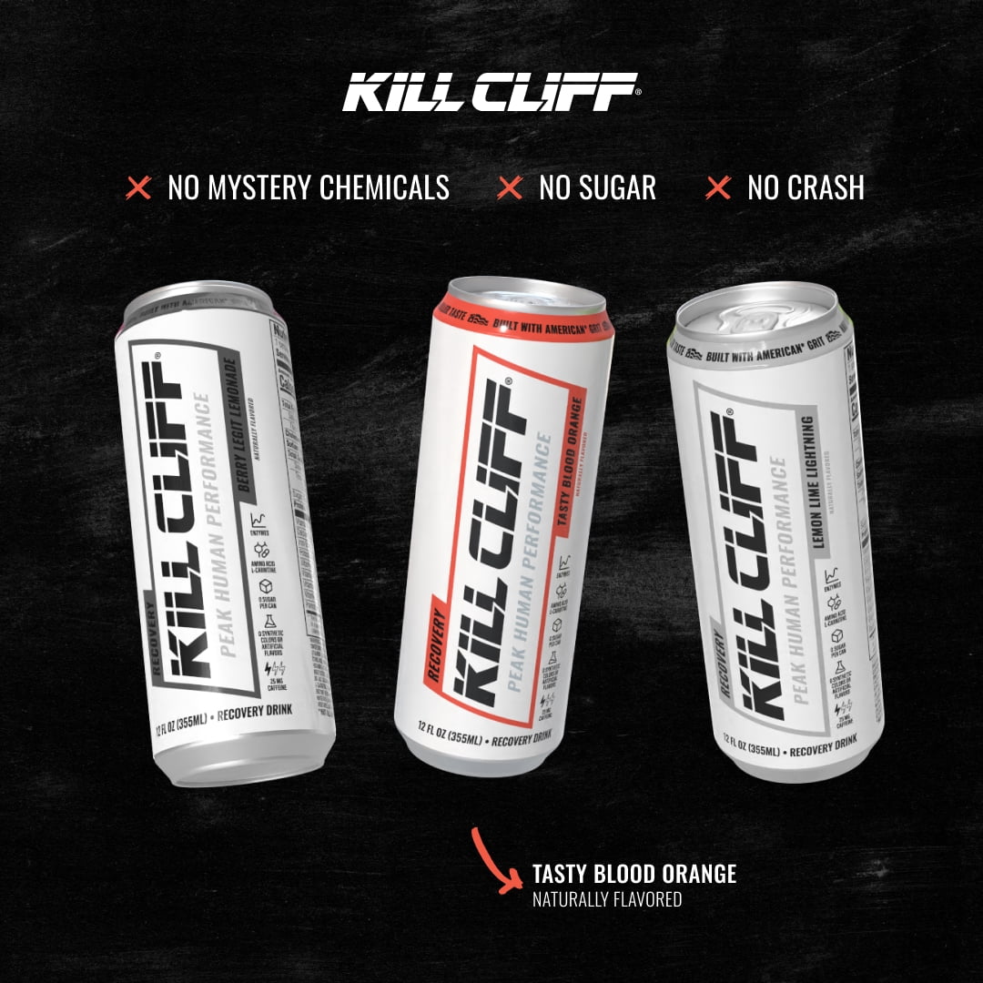 Kill Cliff Recovery Energy Drink- Tasty Blood Orange. Sugar & Gluten Free Drinks with Green Tea, Electrolytes and Natural Caffeine for Clean Energy, Hydration & Recovery. Post or Pre Workout, 12 Pack