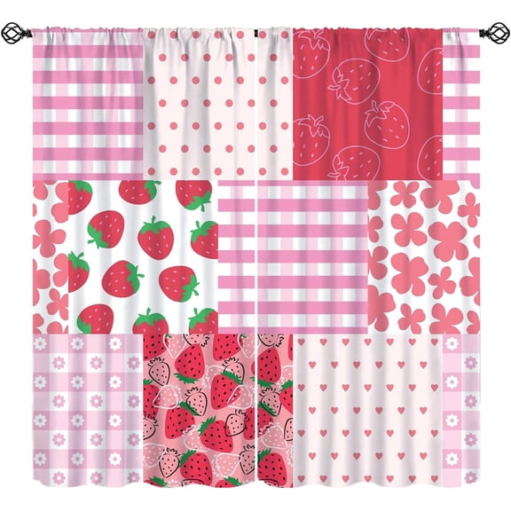 Patchwork Curtains, Pink Strawberry Floral Stripe Heart Window Treatments, Rod Pocket Thermal Insulated Drapes 2 Panel Sets for Bedroom Living Room, 42" W X 54" L