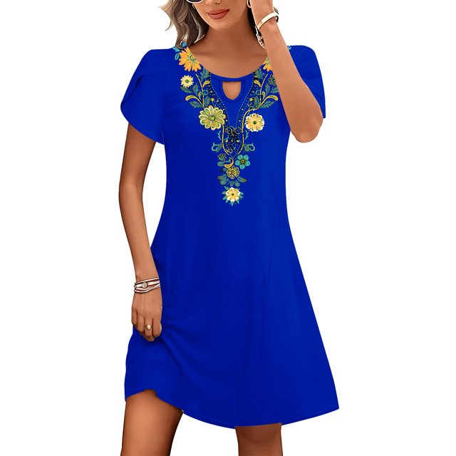 Puntoco Vestido De Cuello Redondo De Manga Corta Suelto Casual Estampado Estilo Étnico De Verano Para Mujer Azul L,Regalos Para Mujer Joven