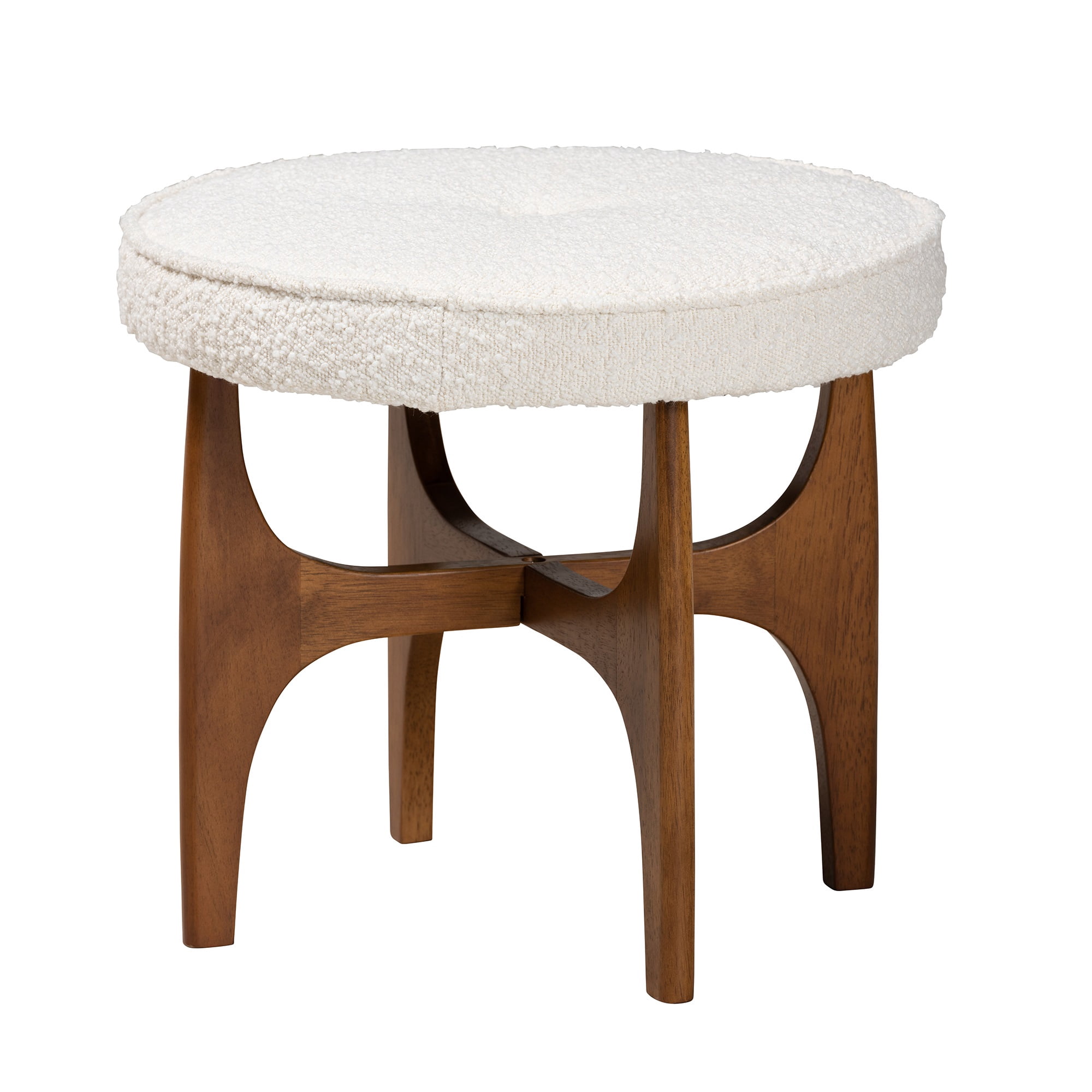 Baxton Studio Jeanine Ottoman – Cream Boucle Fabric Footstool, Rubberwood Frame, Button-Tufted Top