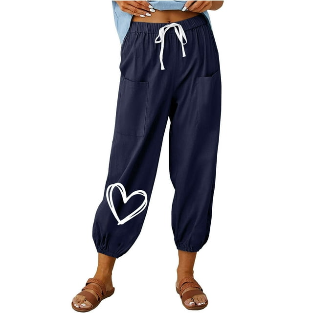 Diufon Womens Cotton Linen Pants Elastic Waist Drawstring Pants Printed Lounge Pants with Pockets
