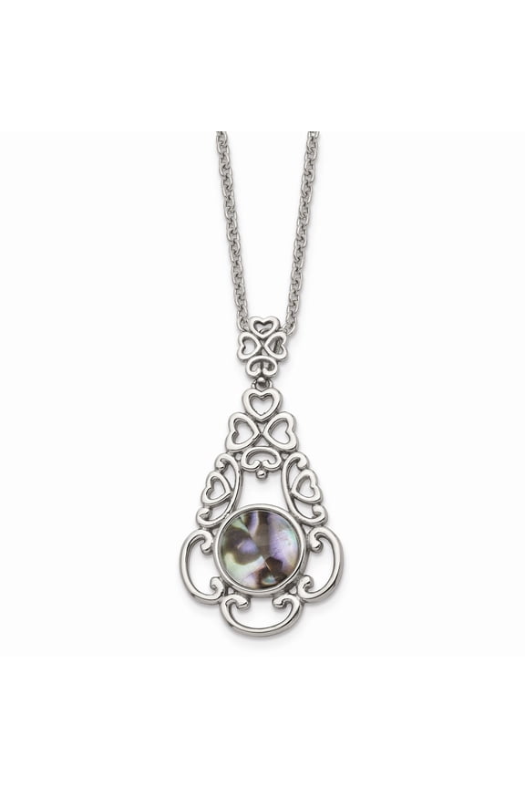 Stainless Steel Polished Imitation Abalone With 2in. Ext Necklace; 16 inch; for Adults and Teens; for Women and Men