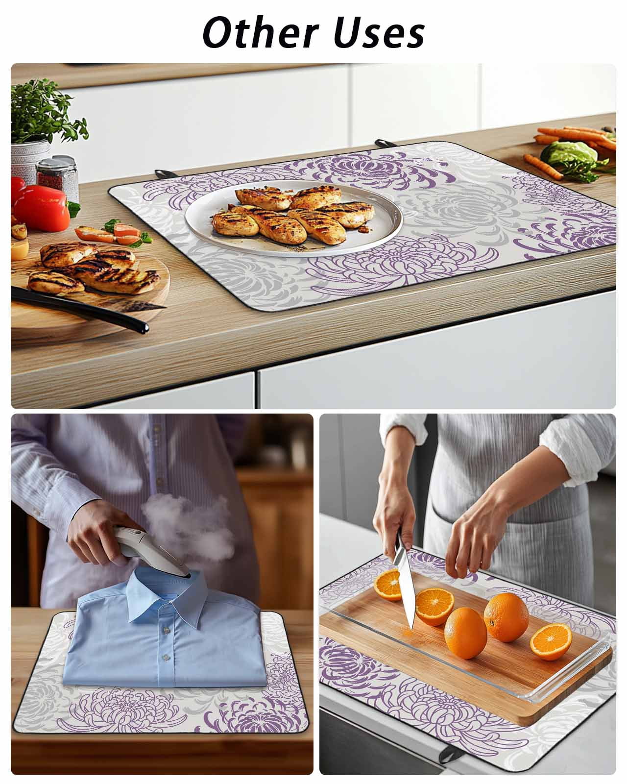 Stove Top Covers for Electric Stove, Purple White Glass Stovetop Cover Protector, Abstract Grey Chrysanthemum Flower Floral Induction Cooktop Protector Oven Mat for Kitchen Countertop 28.5"x20.5"