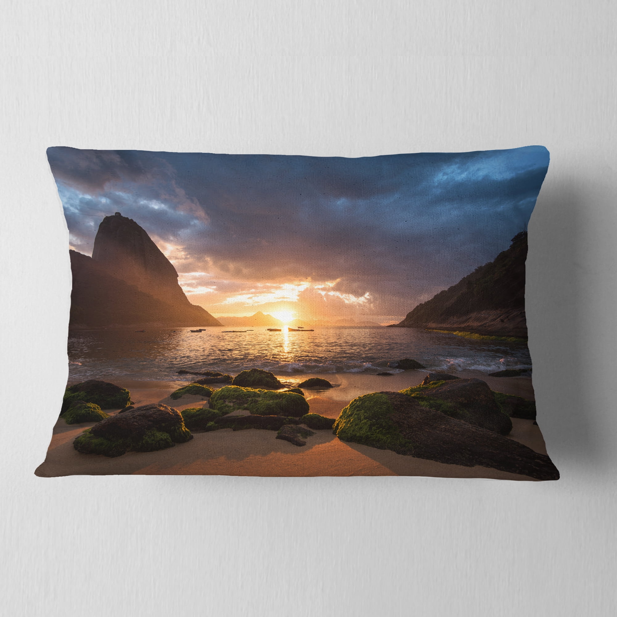 Designart Beautiful Sunrise in Red Seashore - Beach Throw Pillow - 12x20