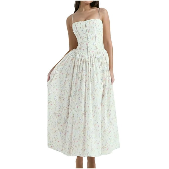 Womens Corset Midi Dress Ball Gown Cocktail Party Dresses Full Length Tea Dress Sleeveless Straps Boho Sundress