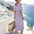 thumbnail image 6 of Women's V Neck Wrap Dress Twisted Slit Pleated Waist Tie Short Sleeve Summer Midi Dresses Purple, 6 of 6