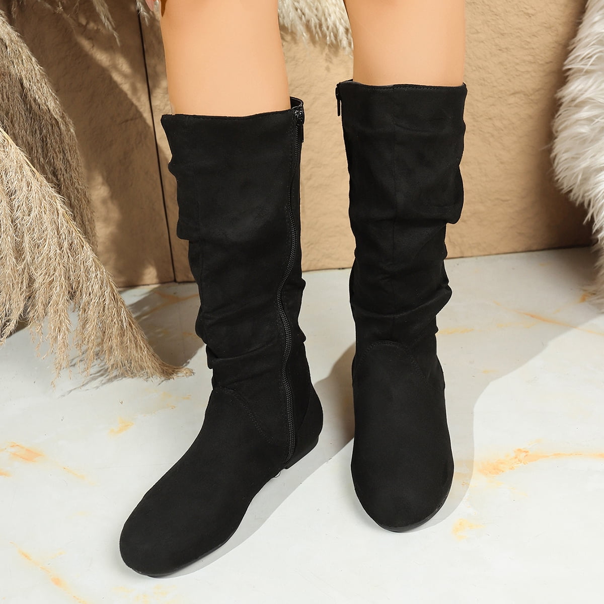 SACFOF Women's Wide Calf Knee High Boots Flat Low Heel Slouch Round Toe Boots Side Zipper Dress Tall Boot Comfortable Plus Size Tall Shoes Non Slip Sole Shoes