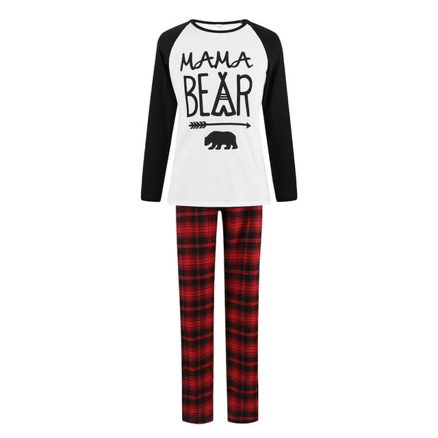 Ensemble de Pyjamas de Noël Famille Parent-Enfant Motif Ours Col Rond Manches Longues Hauts + Pantalons à Carreaux Tenues